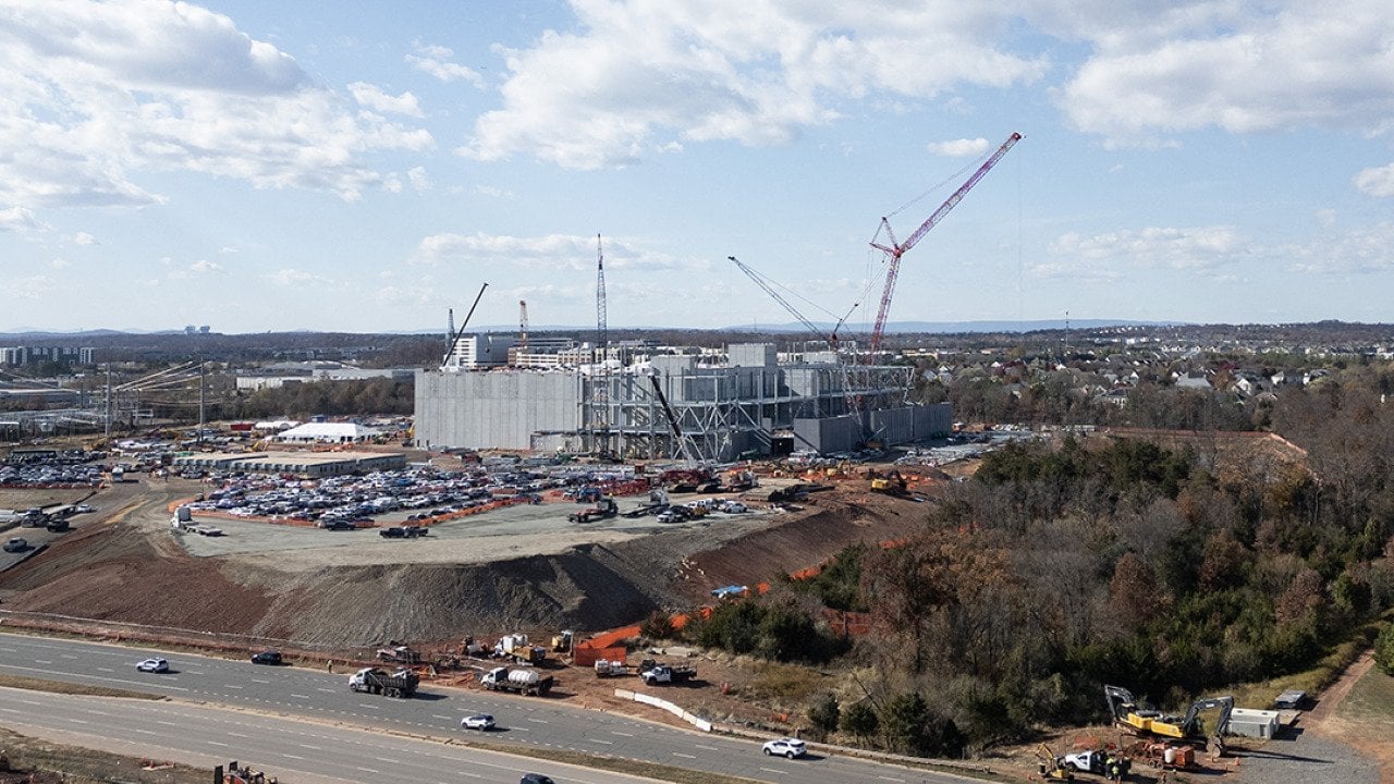 An aerial view of a data center under construction in Ashburn, Virginia.