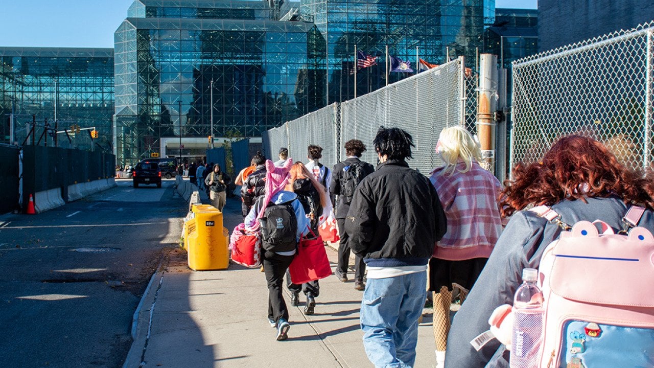 People lining up for Day 1 of a 3-day anime convention in New York City.