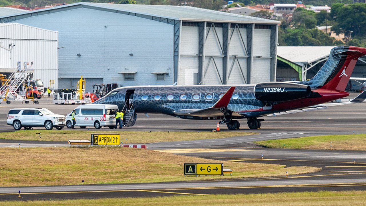 Former NBA Player Michael Jordan onboarding his custom plane N236MJ at Juan Santamaria International Airport in Costa Rica.