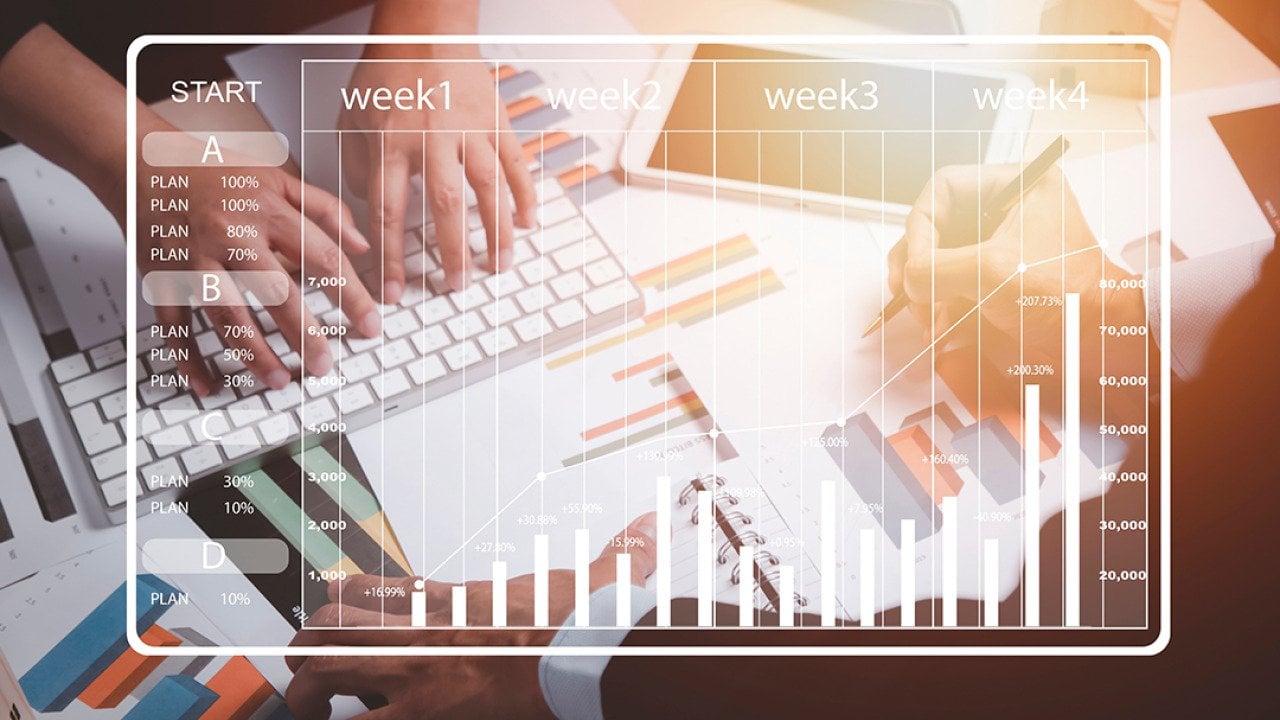 A business team working on charts and reports illustrated with a weekly calendar graphic.