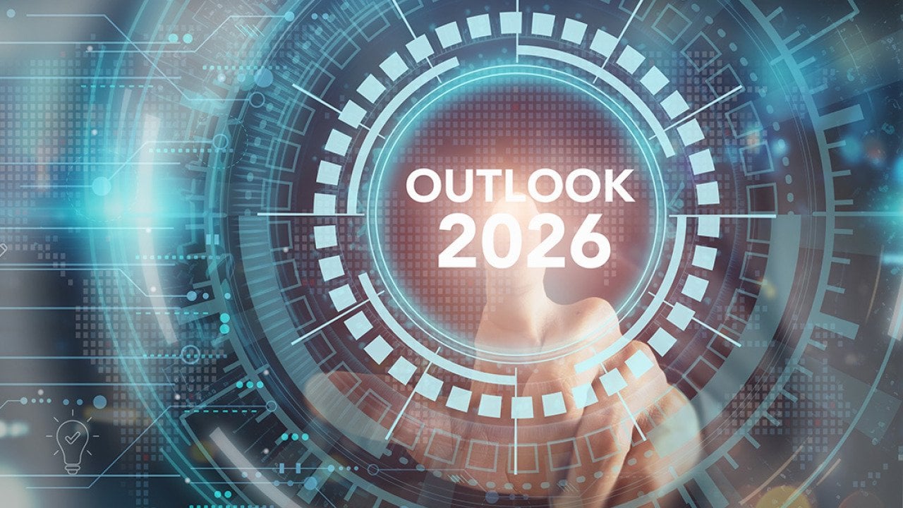 Technological graphics with the words 'outlook 2026' in the middle as a concept of a forecast.