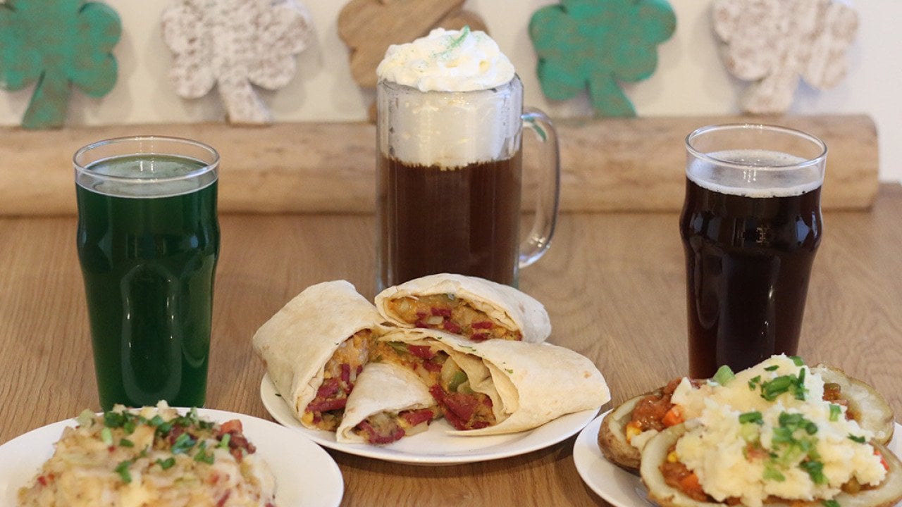 The top three St. Patrick's Day meals: Corned Beef Hash Breakfast Burrito, Loaded Colcannon, and Shepherd's Pie Potato Skins.