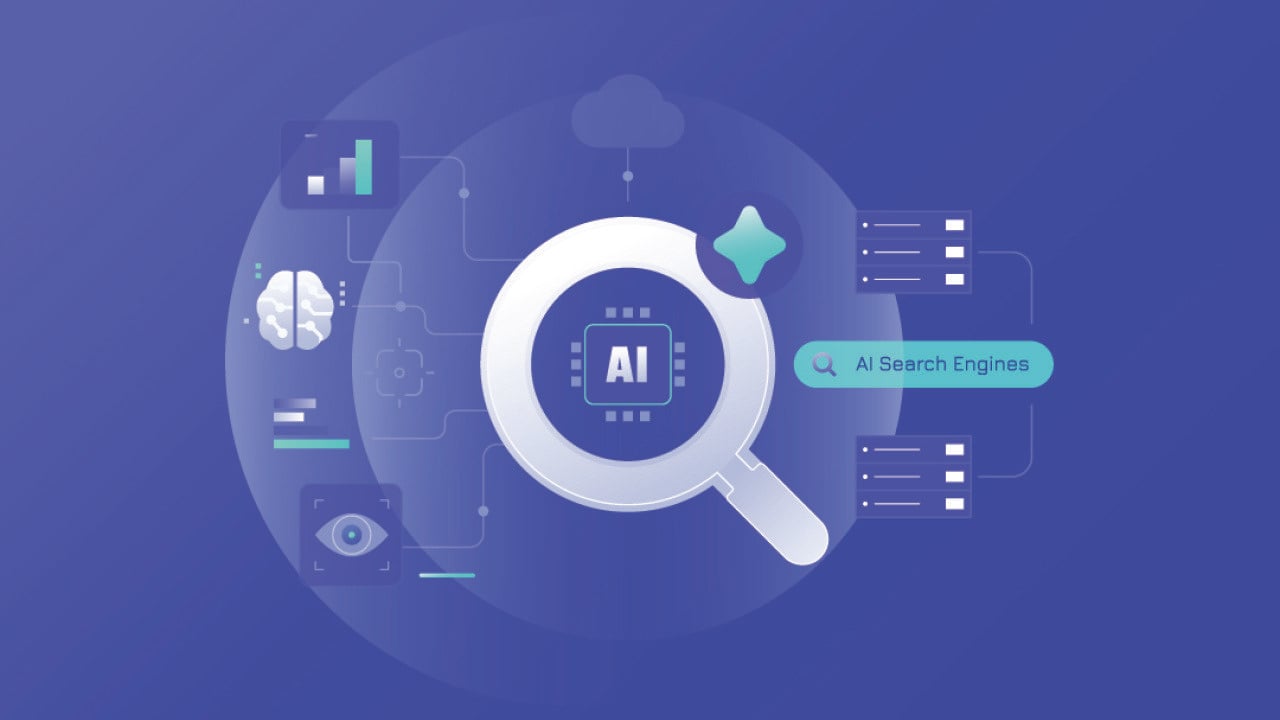 A vector illustration of a magnifying glass illustrated with network and AI search engine concept graphics.