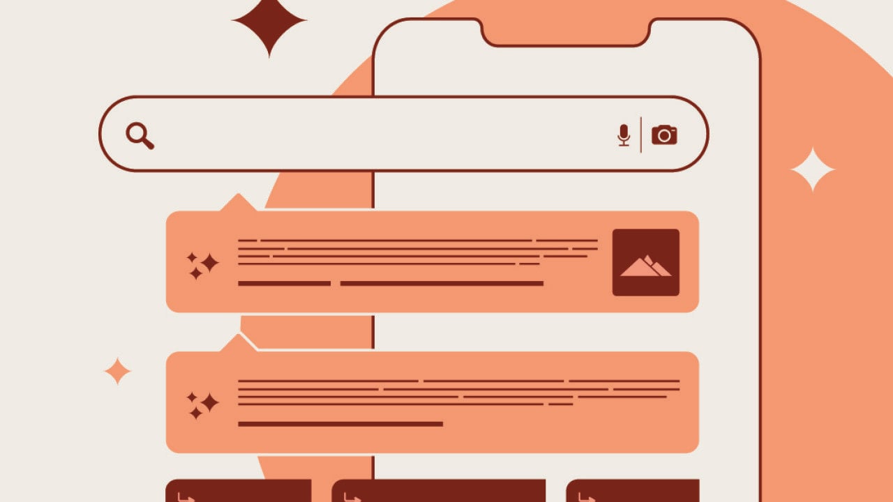 An isolated vector illustration on white background with icons showing search experience and AI overviews technology.