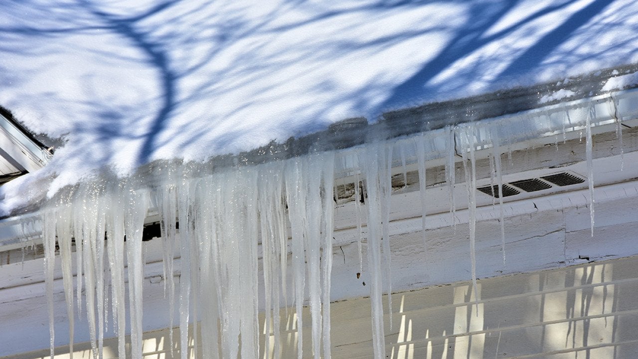 Ice built up in roof gutters.
