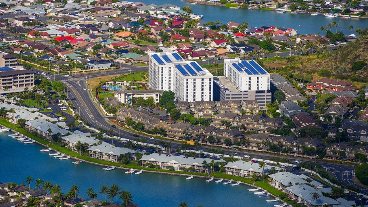 Aerial view of apartment buildings in a residential neighborhood in Hawai'i.