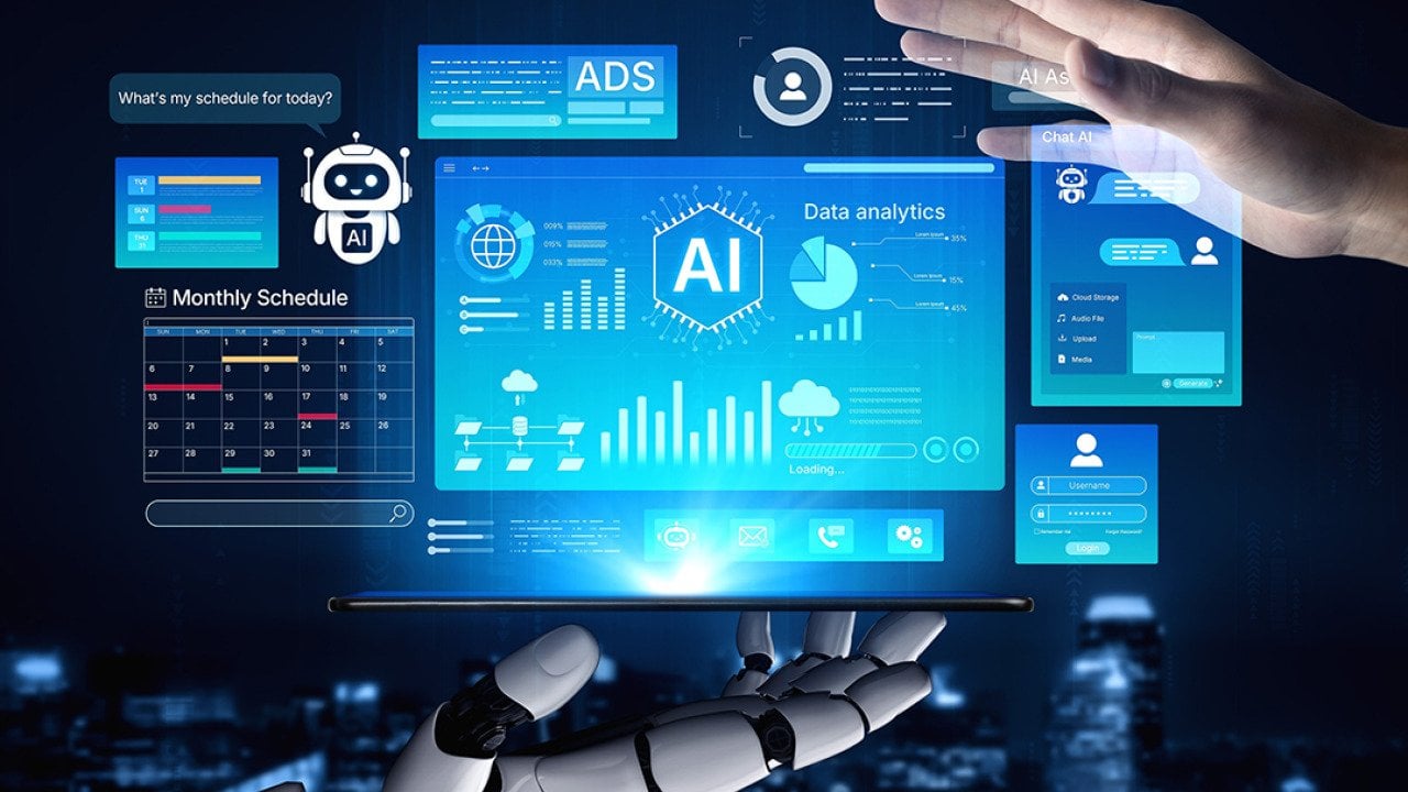 A robotic hand and human hand engage with AI unifying analytics and dashboard graphics.