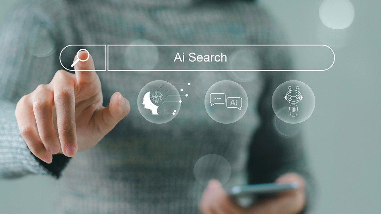 A businesswoman using a smartphone navigating a holographic AI search engine bar.