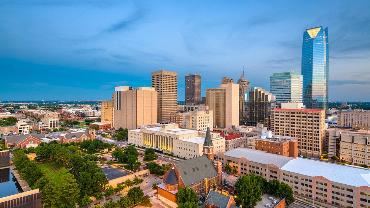 Aerial view of the Oklahoma City skyline.