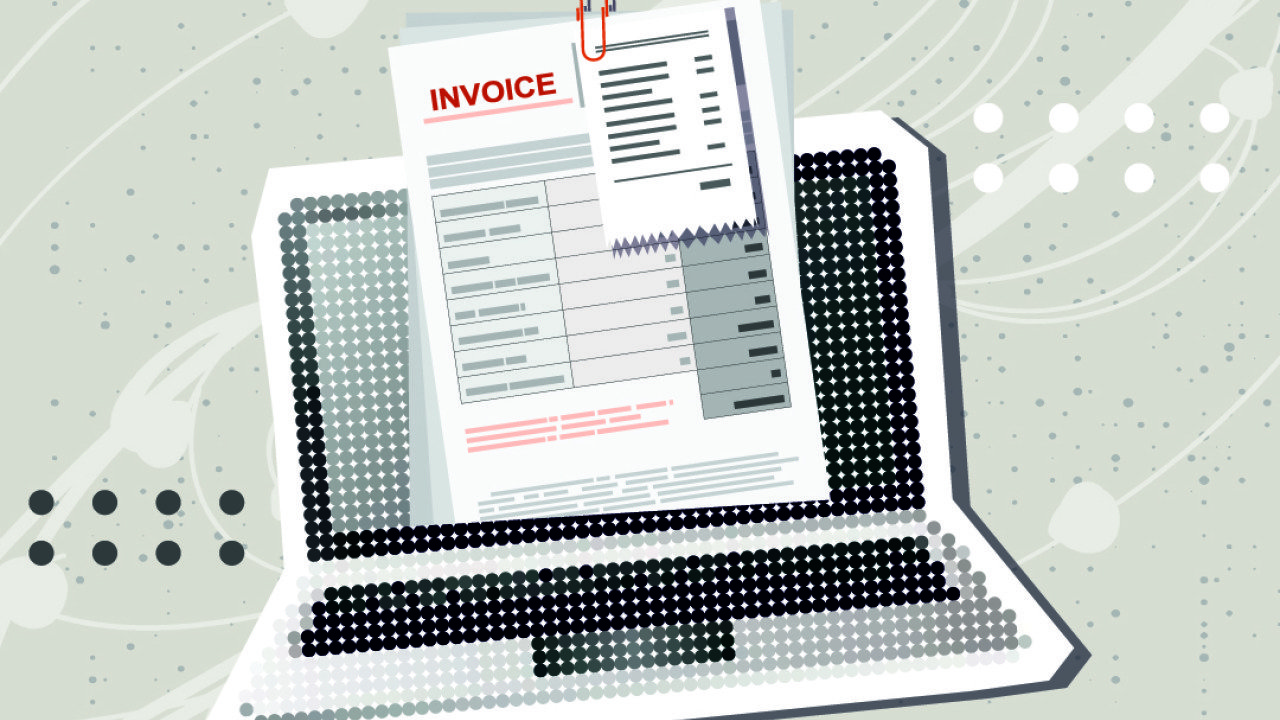 A vector illustration of a laptop showing a digital invoice and online bills.