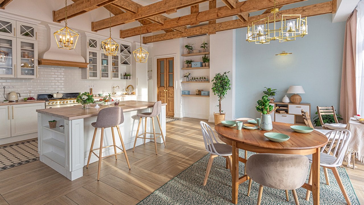 A modern luxury apartment featuring a rich, Scandinavian style interior with wooden motifs.