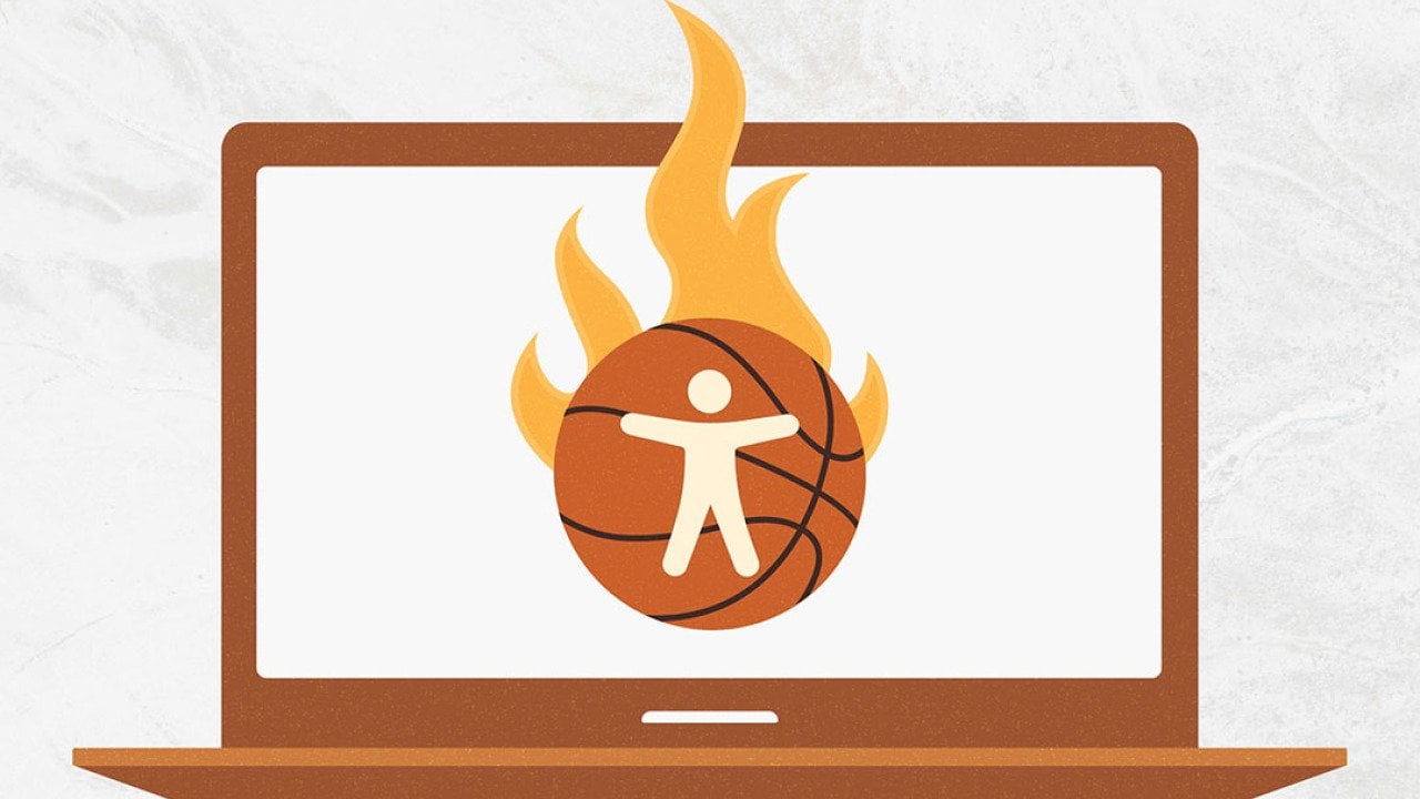 A custom illustration of a laptop featuring a basketball graphic as a concept of March Madness accessibility in the web.