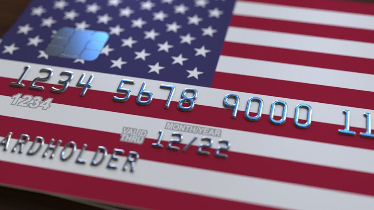 A bank card featuring the United States of America's flag. 