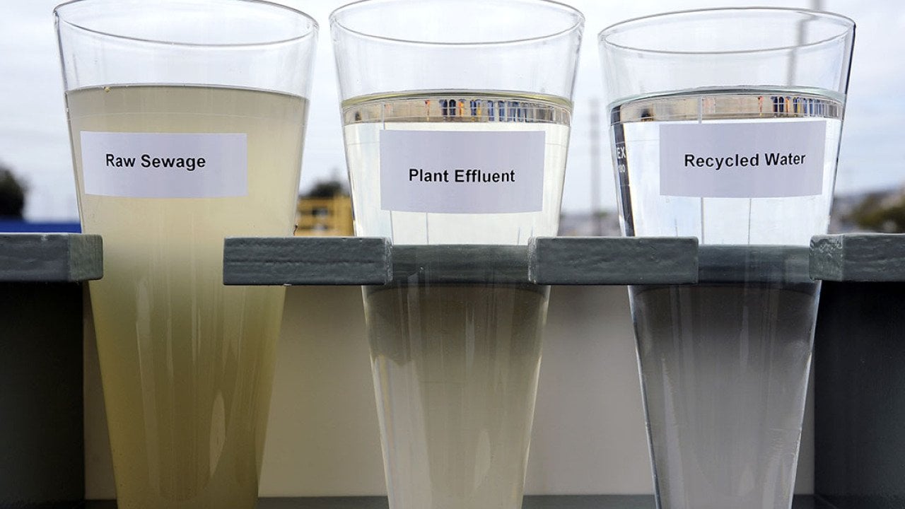 Three glasses of water showing results of reverse osmosis tubing.