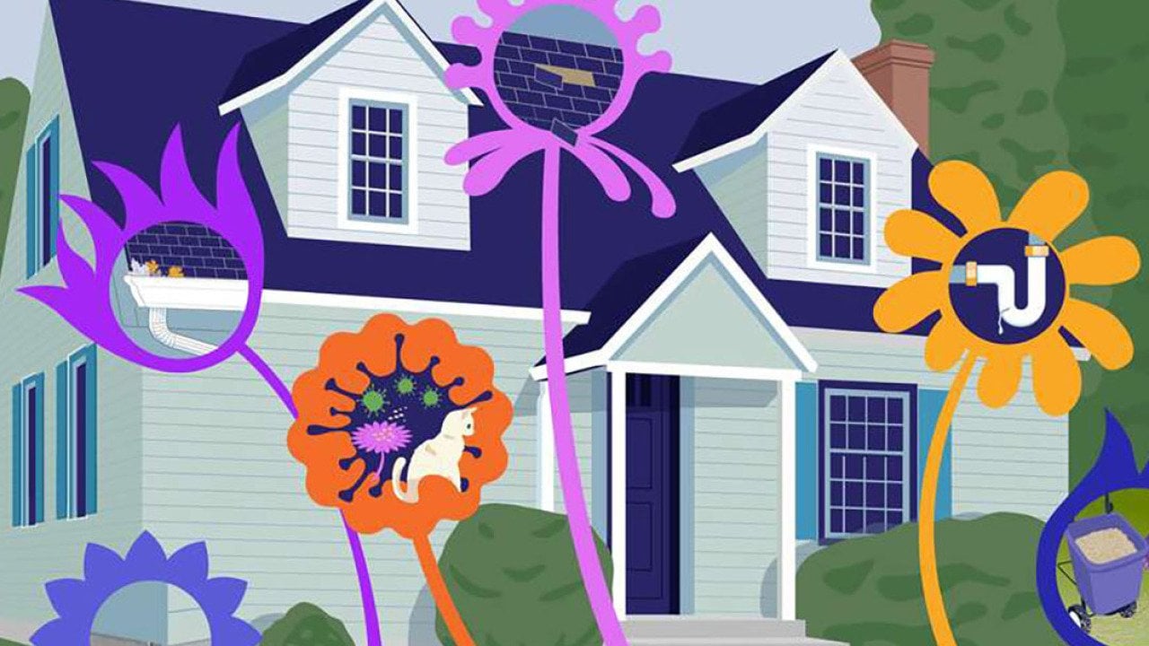 A graphic illustration of a house and home maintenance icons.