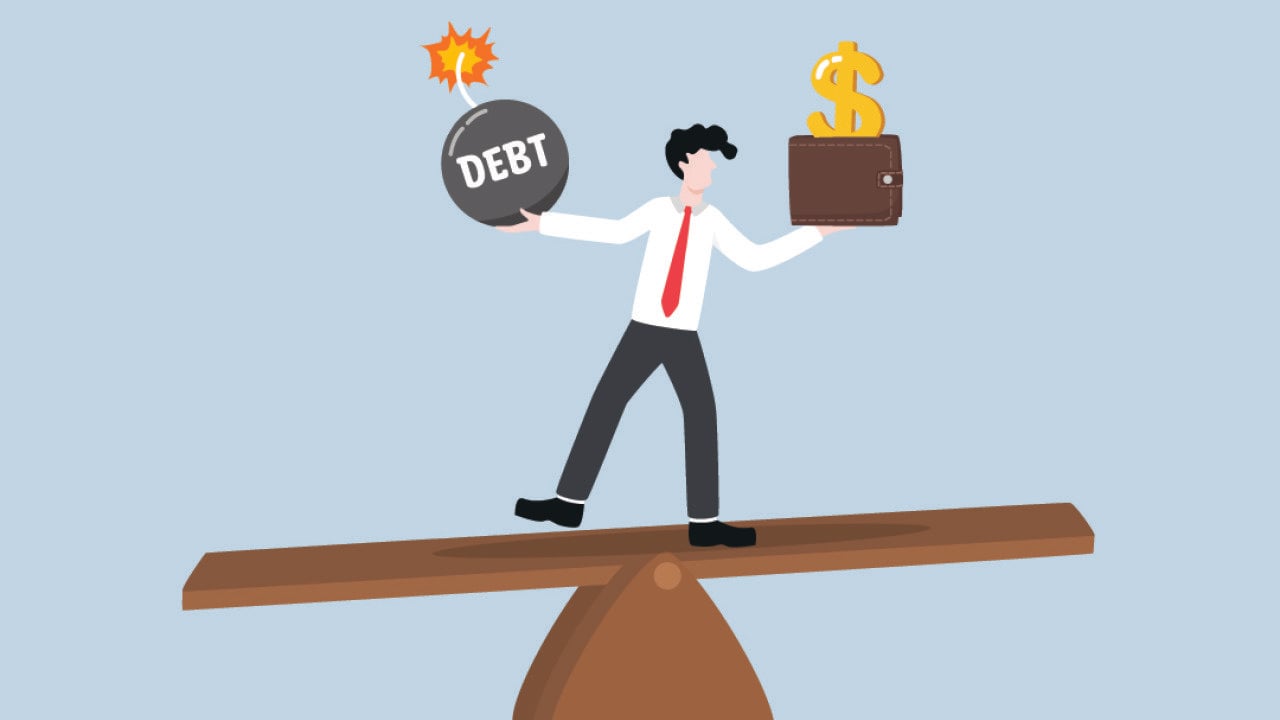 A vector illustration showing a person balancing on a seesaw of a debt bomb and a money wallet.