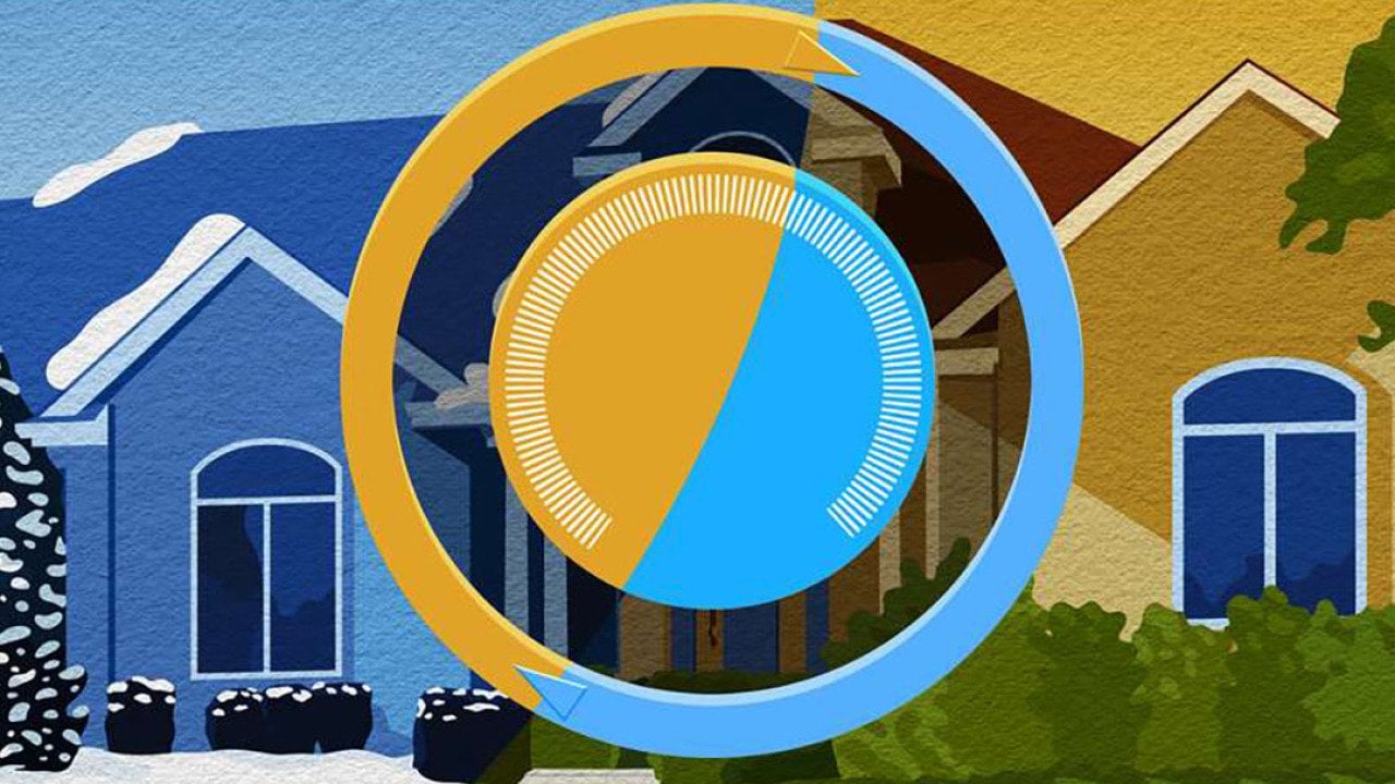 A custom graphic of a heating switch with contrasting illustrations of a home in cool and warm temperatures.