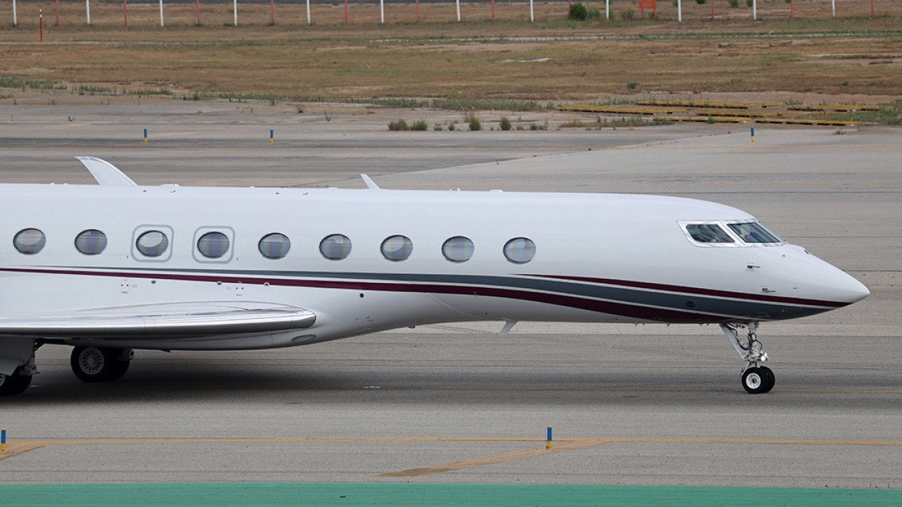 The Qatar Amiri Flight Gulfstream G700 on a runway in Barcelona-El Prat Airport in Spain.