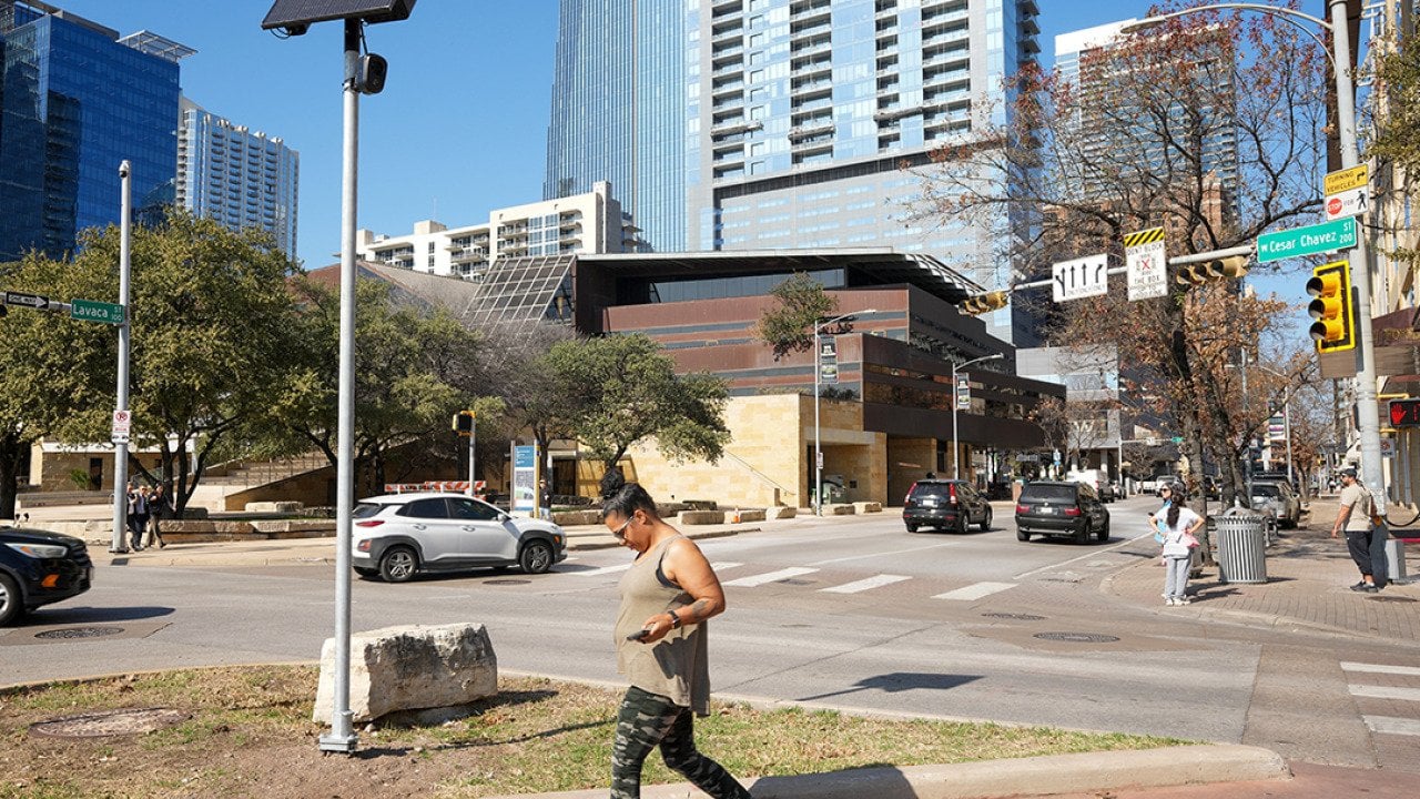 A surveillance camera is seen in the median of West Cesar Chavez Street at Lavaca Street next to Austin City Hall in Texas.