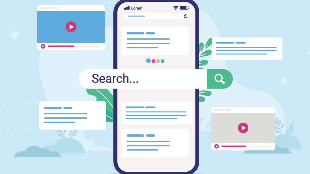 A vector illustration of search engine graphics on a phone screen.