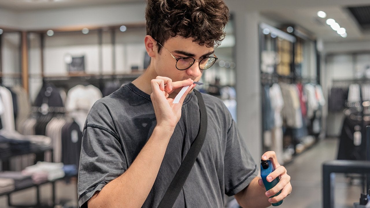 A person smelling a perfume's scent blotter in a store.