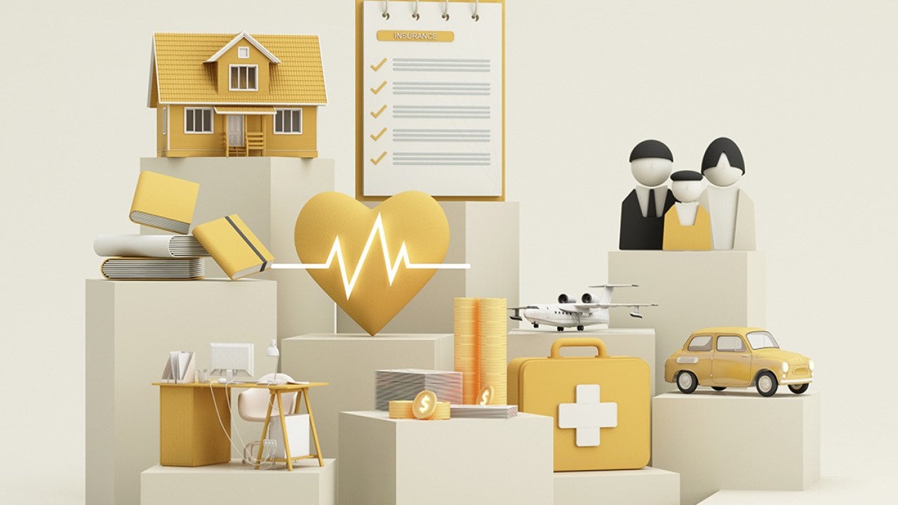 A 3D illustration of a complete insurance package concept.