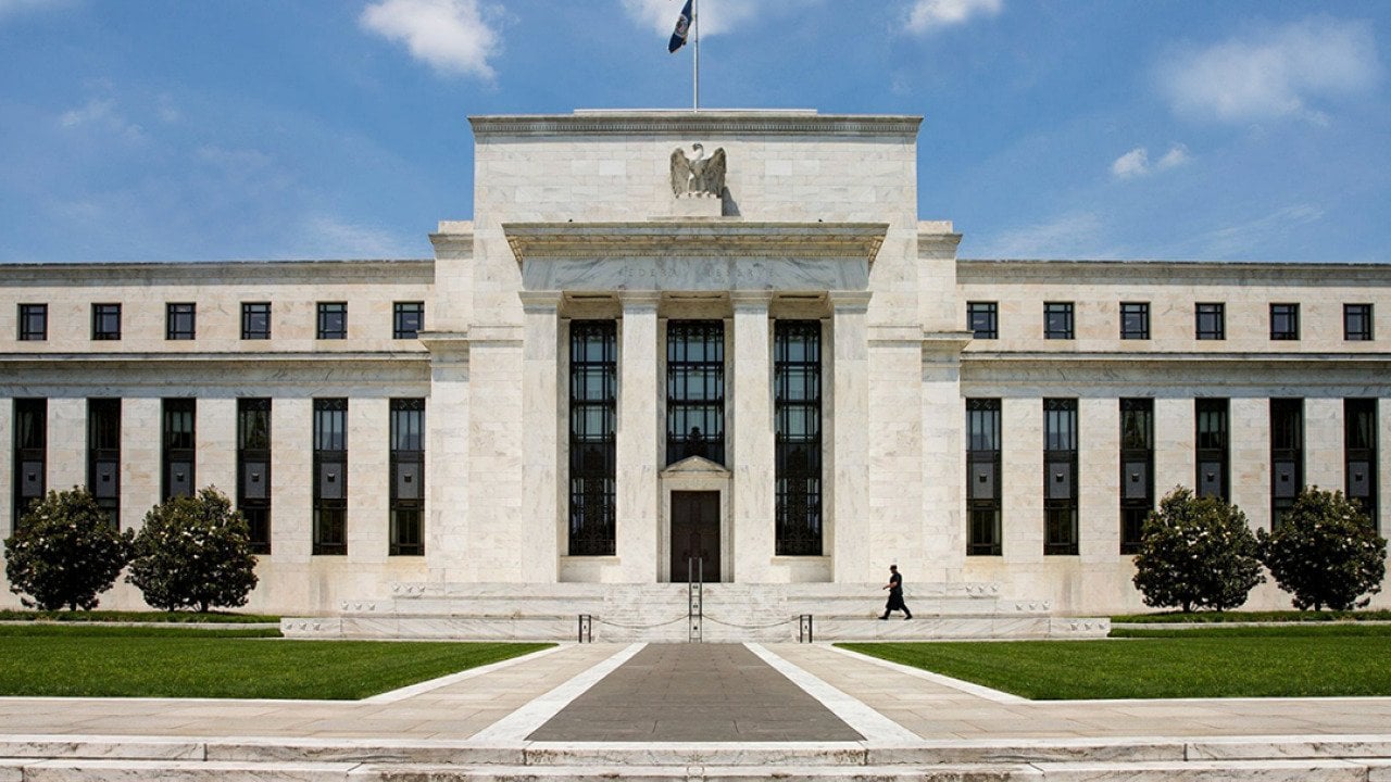 The front of the Federal Reserve System building in Washington, D.C.