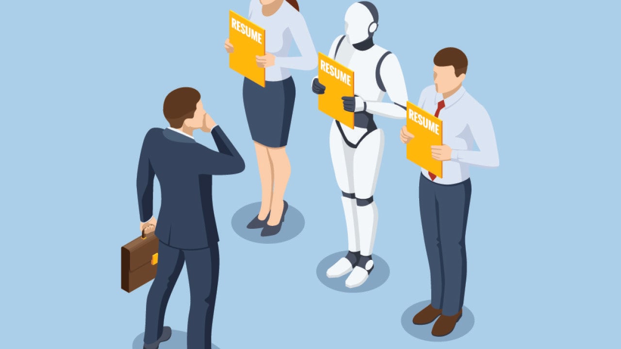 A vector illustration of two job applicants and a recruitment robot during a hiring process.