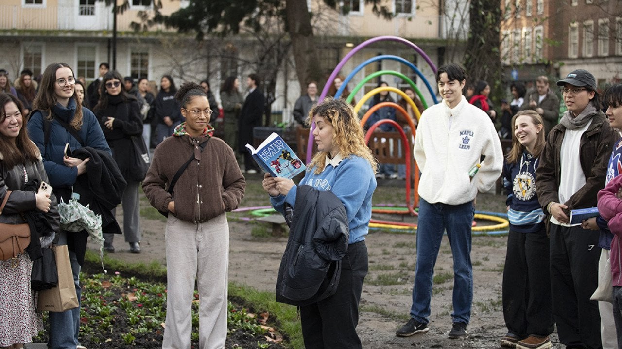 People taking part in a Heated Rivalry lookalike contest inside Soho Square Gardens, London, England.