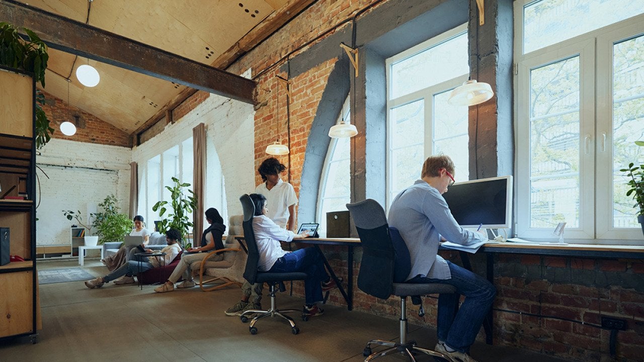 Employees in an interactive co-working space.