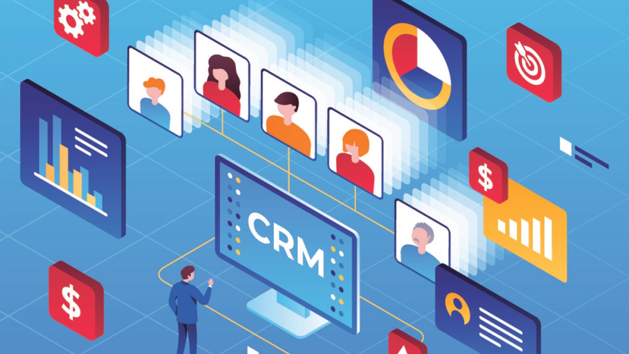 A vector illustration showing strategy icons of CRM (Customer Relationship Management).