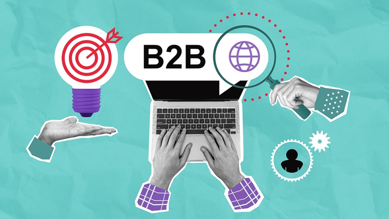 A collage of hands, laptop, and business graphics symbolizing B2B digital marketing on a teal paper background.