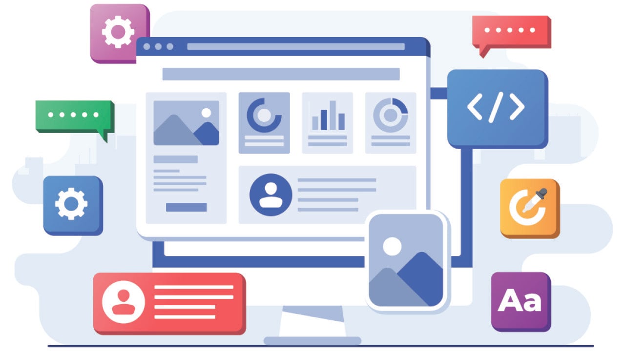 A vector illustration of interface elements and browser windows on computer.