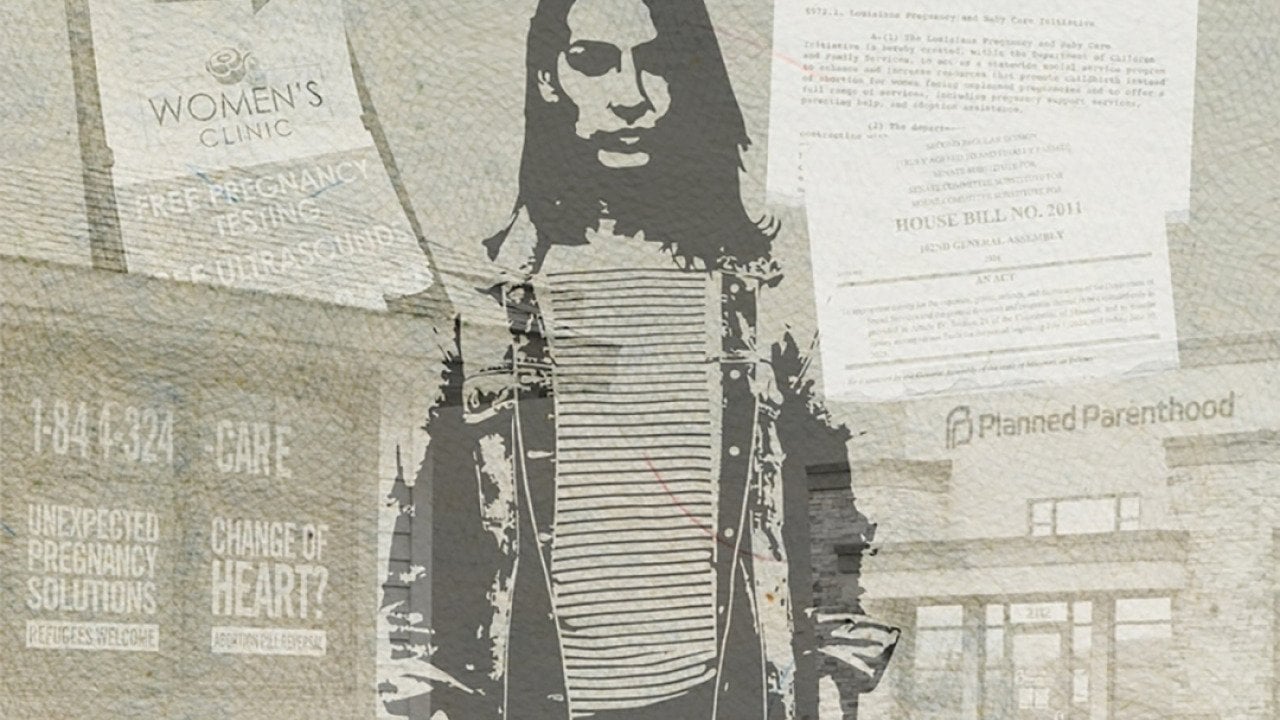 Collage art of a young woman surrounded with pregnancy and planned parenthood concept illustrations.