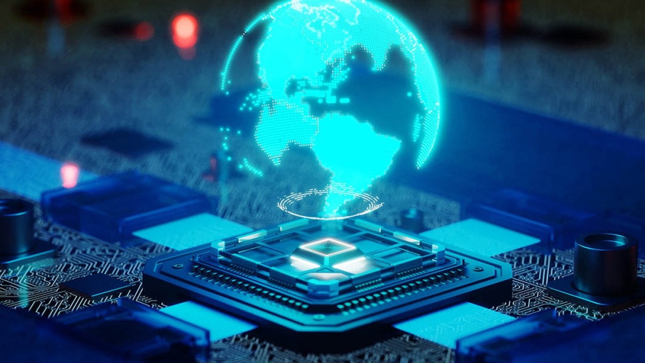 Holographic illustration of the globe over a quantum processor chip.