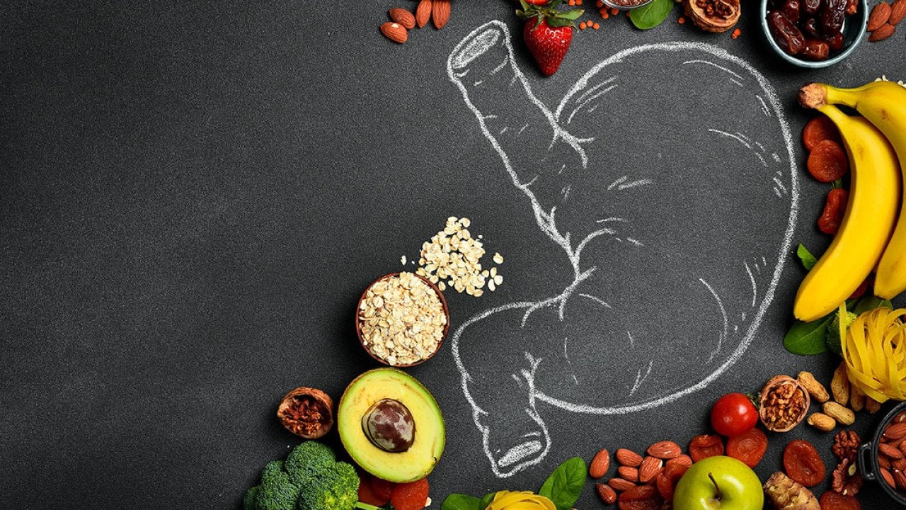 Fresh fruits and vegetables surrounding a drawing of the digestive system.