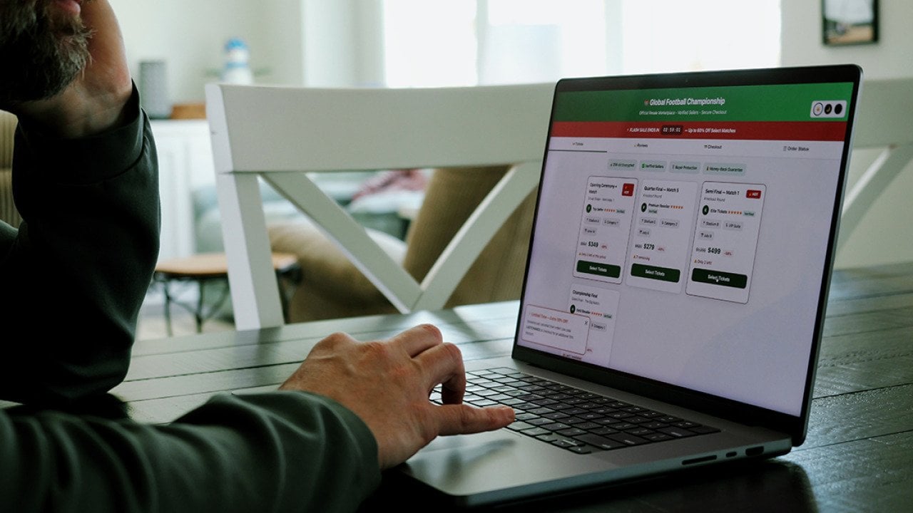 Man at home trying to buy a sports tournament ticket online.