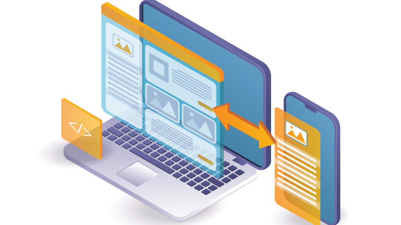 A vector illustration of a responsive web design and blogger articles from a laptop.