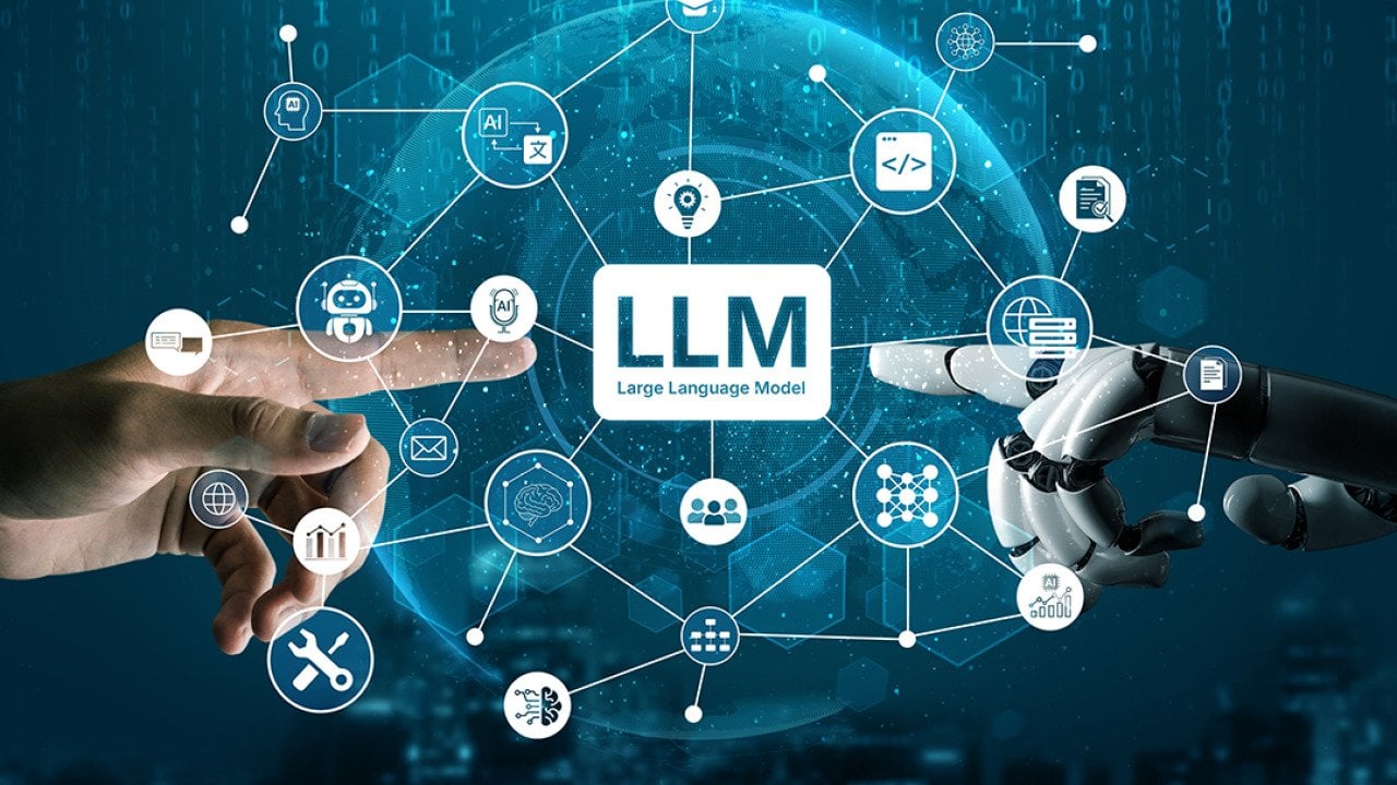 A human arm and a robotic arm pointing to an LLM (Large Language Model) and other processing data icons.