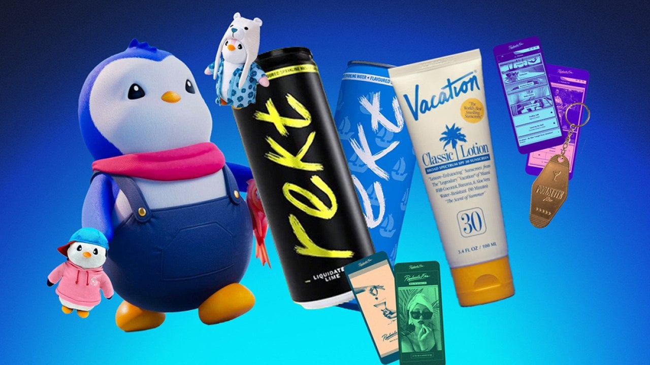 Custom illustration of nationwide brands that started as crypto experiments such as Pudgy Penguins (plush toys), Rekt (canned energy drink), and Vacation (sunscreen brand).