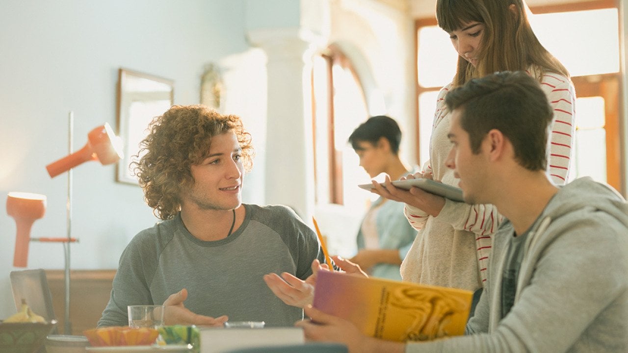A group of college students having a conversation.