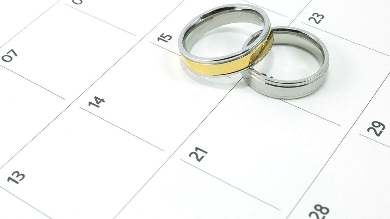 A couple's wedding rings on top of a calendar.