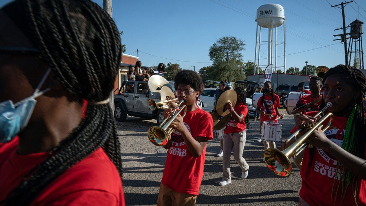 Students in the West Bolivar High School marching band take part in the McEvans School homecoming parade in Shaw, Mississippi on September 23, 2022.
