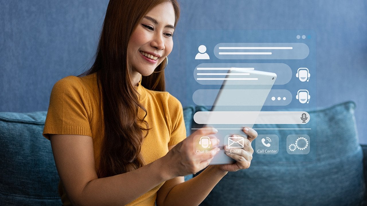 A young woman interacting with customer service illustrated with agentic AI software graphics.