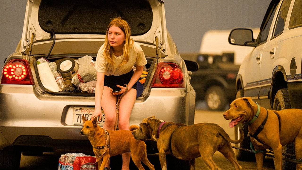 A teen petting her dog while waiting with her family to be escorted from an evacuation zone during a creek fire in Shaver Lake, California, USA.