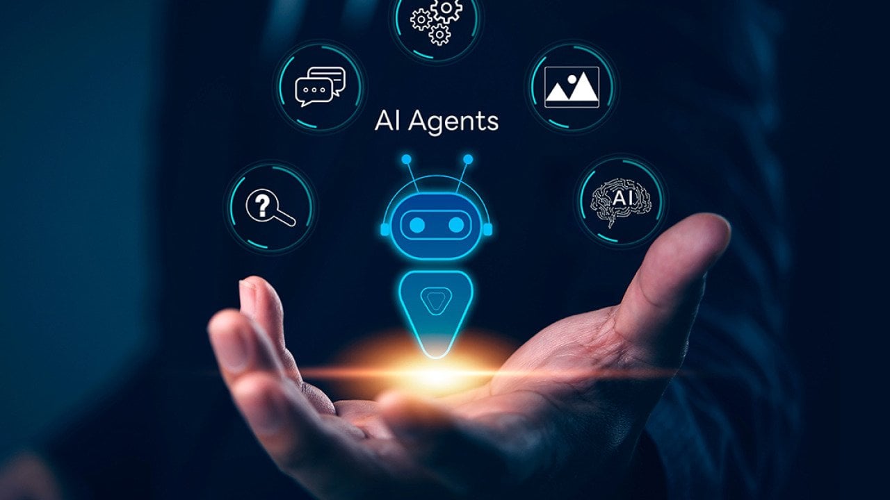 A businessman signaling to hold a virtual AI agent holographic interface.