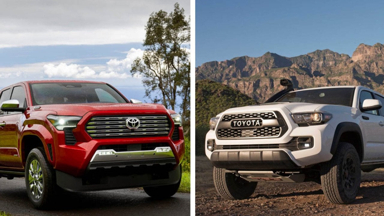 Composite photo featuring front view of two trucks, with a red 2026 Toyota Tacoma on the left (4th generation) and a white 2019 Toyota Tacoma on the right (3rd generation).