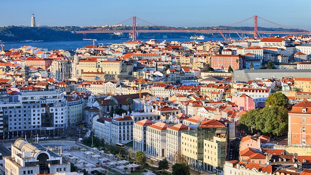 A skyline photo of Lisbon, Portugal.