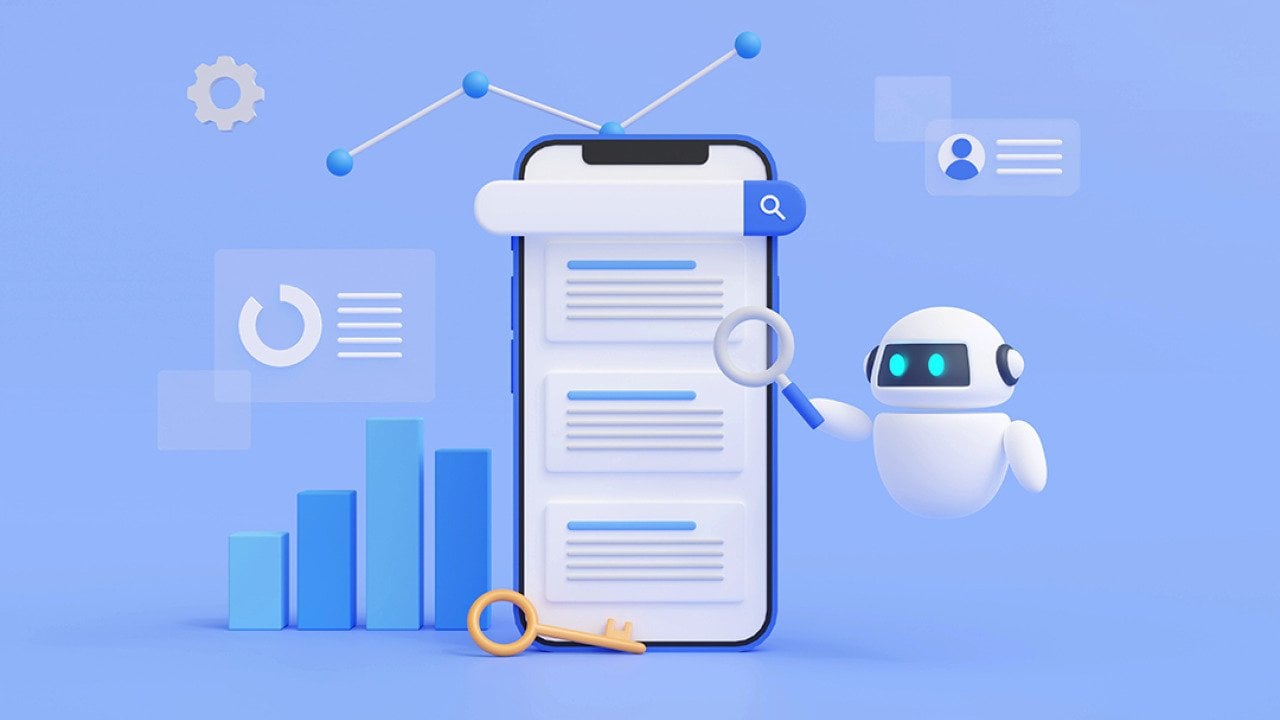 3D concept illustration showing AI bots optimizing searching on a phone.