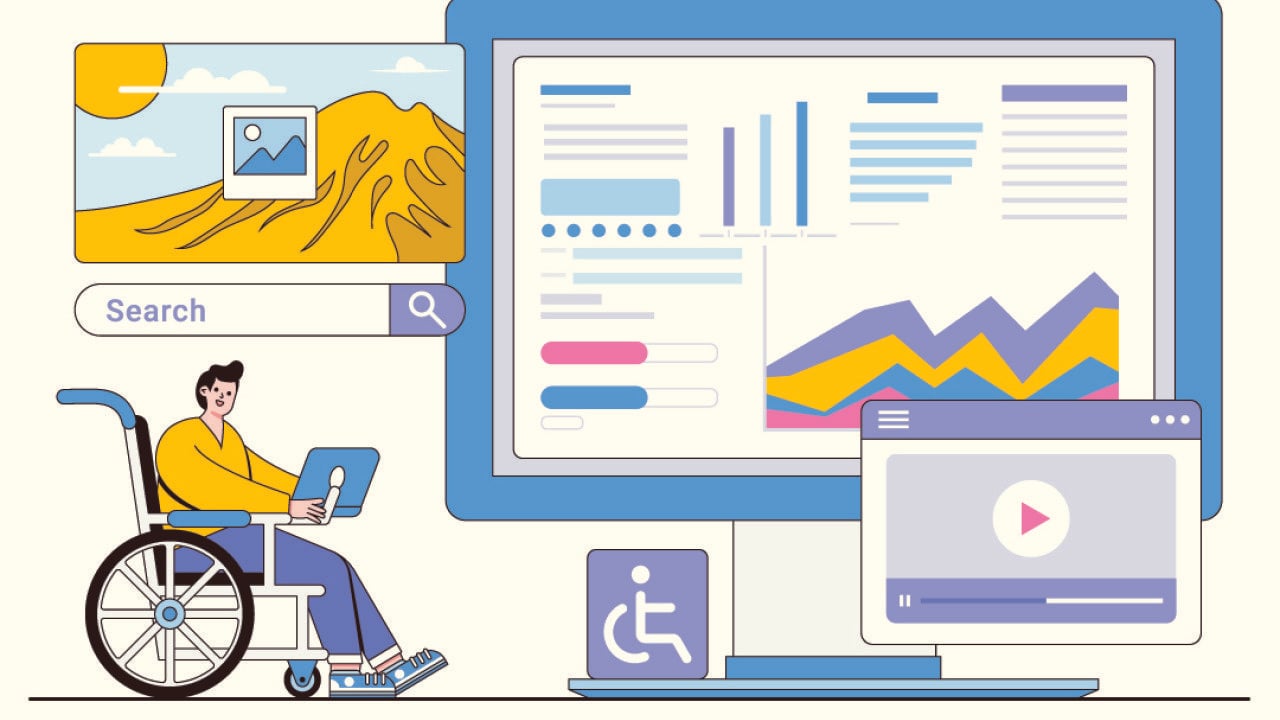 A concept illustration of a person using assistive technology as part of digital accessibility and inclusivity.